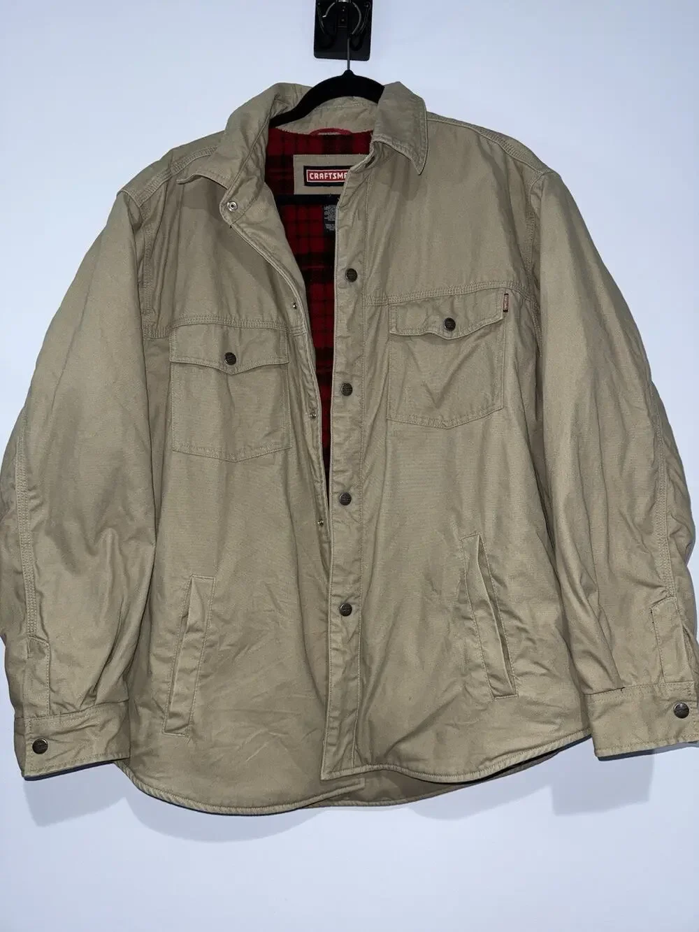Craftsman Fleece Lined Work Jacket Snap Button Tan Canvas Men’s Size Large